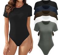 MLYENX Lot de 5 bodies à manches courtes et col rond pour femme - Décontracté - Extensible - Basique, Lot de 5 : noir, blanc, vert olive, bleu marine, café, X-Large