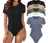 MLYENX Lot de 5 bodies à manches courtes et col rond pour femme - Décontracté - Extensible - T-shirt basique, Lot de 5 : noir, blanc, vert olive, chair, bleu foncé, 38