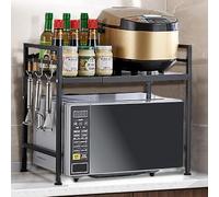 MLYIQI 2 Couches Support Extensible en Métal Four à Micro-Étagère pour Micro,pour épices,conserves,Bouteilles,Support d'étagère,Étagère Stable de Cuisine avec Crochets,Porte-casseroles