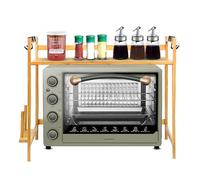 MLYIQI Micro-Ondes Rack,2 Couches Support de Four à Micro-Ondes en Bambou,Ajustable Etagere Rangement Étagères de Cuisine avec 4 Crochets Et Support de Planche à Découper,Étagères à ustensiles