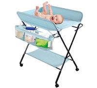 MLYIQI Tables à Langer Pliante,Table à Langer avec Aoulettes Panier de Rangement,Ceinture de Sécurité,4 Roues avec Frein,Réglable en Hauteur,Charge Max 25kg
