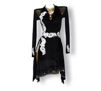 MLYYX Appliques Robes De Danse De Salon pour Femmes Costume De Performance Latine Salsa À Manches Longues Vêtements De Danse De Salon Tango en Maille pour Rumba Jupe De Fourche Foxtrot,B,3XS