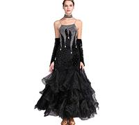 MLYYX Bretelles pour Femmes Robes De Concours De Danse Moderne De Salon Velours Dos Nu Valse Tango Performance Vêtements De Danse avec Manches Et Strass Coupe Ajustée,D,XL