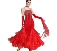 MLYYX Bretelles pour Femmes Robes De Concours De Danse Moderne De Salon Velours Dos Nu Valse Tango Performance Vêtements De Danse avec Manches Et Strass Coupe Ajustée,E,S