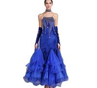 MLYYX Bretelles pour Femmes Robes De Concours De Danse Moderne De Salon Velours Dos Nu Valse Tango Performance Vêtements De Danse avec Manches Et Strass Coupe Ajustée,A,L