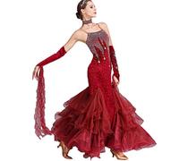 MLYYX Bretelles pour Femmes Robes De Concours De Danse Moderne De Salon Velours Dos Nu Valse Tango Performance Vêtements De Danse avec Manches Et Strass Coupe Ajustée,C,L