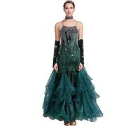 MLYYX Bretelles pour Femmes Robes De Concours De Danse Moderne De Salon Velours Dos Nu Valse Tango Performance Vêtements De Danse avec Manches Et Strass Coupe Ajustée,B,L