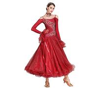 MLYYX Broderie Brillante Robes De Danse De Salon sans Bretelles Costume De Performance Moderne Valse Tango Robe De Compétition À Manches Longues Grande Balançoire Jupes,Wine Red,M