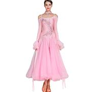 MLYYX Broderie Brillante Robes De Danse De Salon sans Bretelles Costume De Performance Moderne Valse Tango Robe De Compétition À Manches Longues Grande Balançoire Jupes,Rose,M