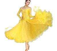 MLYYX Broderie Brillante Robes De Danse De Salon sans Bretelles Costume De Performance Moderne Valse Tango Robe De Compétition À Manches Longues Grande Balançoire Jupes,Jaune,L