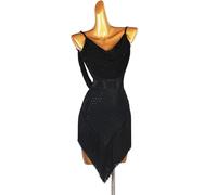 MLYYX Costume de compétition salsa rumba à paillettes dos nu robe de performance latine pour femmes bretelles glands vêtements, noir, S