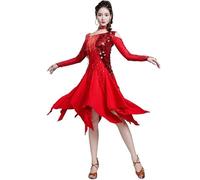 MLYYX Costume de danse latine à franges et paillettes - Épaules dénudées - Robe de performance pour salsa rumba - Jupe asymétrique pour Cha Cha - Rouge, XL