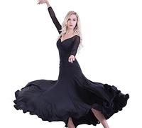 MLYYX Costume De Danse Standard De Valse Moderne Coupe Ajustée Robes De Spectacle De Danse De Salon À Col en V pour Femmes Robe De Pratique Tango Salsa Tenue D'entraînement De Danse Sociale,Noir,L