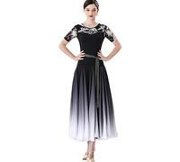 MLYYX Costume De Performance De Valse Moderne Dégradé Robes De Concours De Danse De Salon Imprimées Professionnelles Tenue De Danse Flamenco Tango Manches Courtes Jupe Trapèze,Noir,3XL