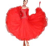 MLYYX Costume De Performance Moderne Valse Tango Robe De Compétition À Manches Longues Broderie Brillante Robes De Danse De Salon sans Bretelles Grande Balançoire Jupes,Rouge,S