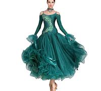 MLYYX Costume De Performance Moderne Valse Tango Robe De Compétition À Manches Longues Broderie Brillante Robes De Danse De Salon sans Bretelles Grande Balançoire Jupes,Dark Green,XL