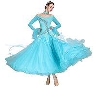 MLYYX Costume De Performance Moderne Valse Tango Robe De Compétition À Manches Longues Broderie Brillante Robes De Danse De Salon sans Bretelles Grande Balançoire Jupes,Light Blue,S