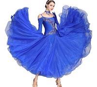 MLYYX Costume De Performance Moderne Valse Tango Robe De Compétition À Manches Longues Broderie Brillante Robes De Danse De Salon sans Bretelles Grande Balançoire Jupes,Royal Blue,M