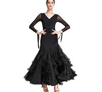 MLYYX Costume De Salsa Moderne À Col en V Robes De Danse De Salon pour Femme Robe De Danse Standard Nationale À Manches Longues en Maille Vêtements De Danse Valse Tango,Noir,XL