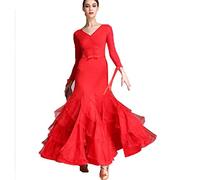 MLYYX Costume De Salsa Moderne À Col en V Robes De Danse De Salon pour Femme Robe De Danse Standard Nationale À Manches Longues en Maille Vêtements De Danse Valse Tango,Rouge,L