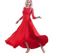 MLYYX Costume D'entraînement De Tango Moderne en Dentelle Classique Vêtements De Danse Foxtrot Manches Longues Femme avec Strass Robe De Pratique De Salle De Bal À Col Rond,Rouge,S