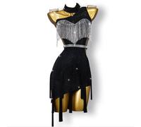 MLYYX Costumes De Concours De Danse Latine Brillants Licou Femme Cha Cha Foxtrot Performance Vêtements De Danse Professionnel Frange Salle De Bal Tango Jupes pour Rumba Samba,A,XS