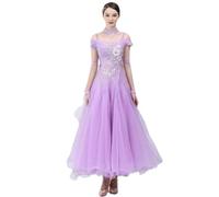MLYYX Costumes de danse de salle de bal à manches courtes Valse Tango Performance Robe maxi pour femme Standard Grande ligne A, violet, M