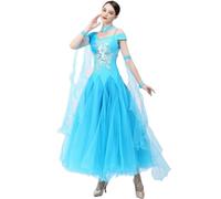MLYYX Costumes de danse de salon à manches courtes Valse Tango Performance Robe maxi pour femme Standard Large A-Line, bleu, L