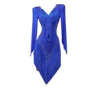 MLYYX Costumes De Danse Latine À Col en V Costumes De Danse Salsa À Franges De Salle De Bal pour La Rumba Manches Longues Cha Cha Robes De Bal avec Strass Creux,A,XXS