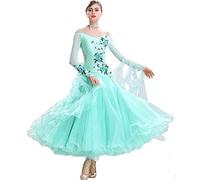 MLYYX Déguisements De Spectacle De Col V Manches Longues Robes De Concours De Danse De Salon Brodées pour Femmes Valse Tango Dos Nu Danse Sociale Vêtements De Danse Moderne,Vert,S