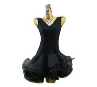 MLYYX Jupe À Arêtes De Poisson Robe De Danse De Salon Moderne À Col en V Robes De Danse Latine Samba Costume D'entraînement De Danse Tango Salsa,Noir,3XS