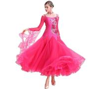 MLYYX Robe de compétition de danse de salon sans bretelles Valse Quickstep robe avec strass brodé, rose rouge, L