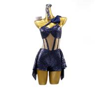 MLYYX Robe de compétition de danse latine à paillettes avec découpes pour costume Cha Cha Salsa asymétrique, robes de salle de bal, bleu marine, 3XL