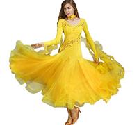 MLYYX Robe De Danse De Concours De Salle De Bal De Broderie Tenue De Danse Performance Foxtrot Valse Col V Femme Tenue De Danse Moderne Manches Longues avec Un Collier Exquis,B,S