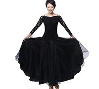 MLYYX Robe De Danse De Salle De Bal en Dentelle pour Femme Robes De Valse Tango À Manches Longues Vêtements De Danse D'entraînement De Salsa sans Bretelles Costume De Danse Sociale,Noir,XXL