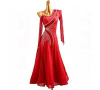 MLYYX Robe de danse de salon asymétrique à manches longues Valse Robe de compétition Costume de danse tango Jupe trapèze en strass, rouge, S