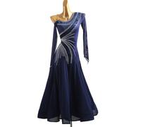 MLYYX Robe de danse de salon asymétrique à manches longues Valse Robe de compétition Costume de danse tango Jupe trapèze en strass, bleu, L