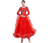 MLYYX Robe de danse de salon avec strass pour femme - Manches longues - Grande valse - Tango - Costume de danse moderne standard - Rouge, 3XL