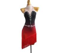 MLYYX Robe de danse latine à col haut avec franges et strass pour femme dégradé noir à rouge tenue de salsa tango rumba, noir, L