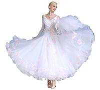 MLYYX Robe de Danse Moderne à col V Costume de Performance Uniforme de Concours de Danse de Salle de Bal Robe à Perles pour Waltz Tango,Blanc,XL