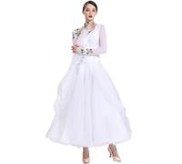 MLYYX Robe de danse moderne pour femme - Motif floral et strass - Valse - Tango - Standard - Performance de danse - Grande jupe swing - Blanc, XL