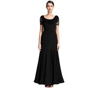 MLYYX Robe de Performance de Danse de Salon Femmes Vêtements de Danse Valse Moderne en Dentelle à col Rond Robe de Pratique de Danse Sociale à Manches Courtes Vêtements de Danse Foxtrot,Noir,L