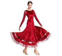 MLYYX Robe D'entraînement De Tango À Manches Longues Robes De Danse De Salon en Velours pour Femmes Costume Standard National De Valse À Col Rond Vêtements De Danse Modernes en Maille Splice,Rouge,M