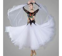 MLYYX Robes De Concours De Danse De Salon Imprimées pour Femmes Vêtements De Danse De Valse Moderne Standard sans Bretelles Maille À Manches Longues Vêtements De Danse Salsa Tango,Blanc,3XL