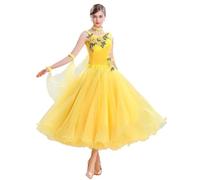 MLYYX Robes De Danse De Compétition De Salon pour Femmes Costumes De Danse Standard De Valse Moderne sans Manches Robe De Danse De Soirée De Tango Brodée Grande Tenue De Balançoire,Jaune,M