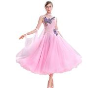 MLYYX Robes De Danse De Compétition De Salon pour Femmes Costumes De Danse Standard De Valse Moderne sans Manches Robe De Danse De Soirée De Tango Brodée Grande Tenue De Balançoire,Rose,XXL