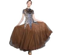 MLYYX Robes De Danse De Salon À Imprimé Léopard pour Femmes Costume D'entraînement Valse Tango Manches Courtes Épissure De Maille Robe De Danse Salsa Moderne,Leopard L