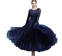 MLYYX Robes De Danse De Salon À Manches Longues pour Femmes Costume De Performance De Danse Standard De Fête Robe De Compétition De Tango Waltz Tango Splice Waltz,Navyblue,XL