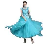 MLYYX Robes De Danse De Salon Brodées pour Femme Costume De Compétition De Valse Et De Tango Robe De Danse Latine Moderne À Manches Courtes avec Un Col Raffiné,Bleu,XXL