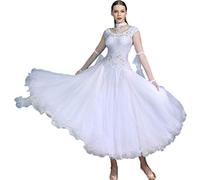 MLYYX Robes De Danse De Salon Brodées pour Femme Costume De Compétition De Valse Et De Tango Robe De Danse Latine Moderne À Manches Courtes avec Un Col Raffiné,Blanc,S